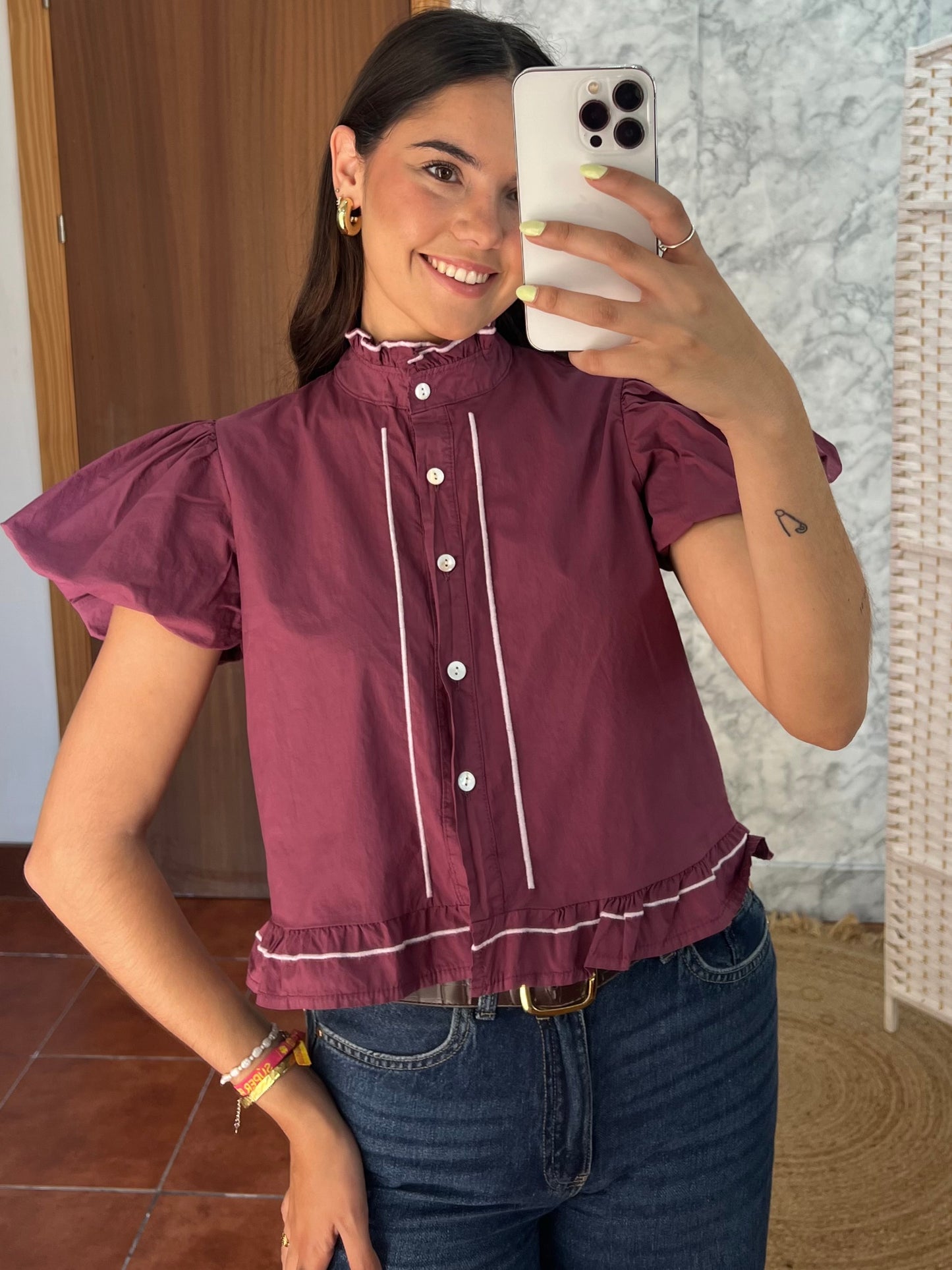 Blusa manga abullonada popelín