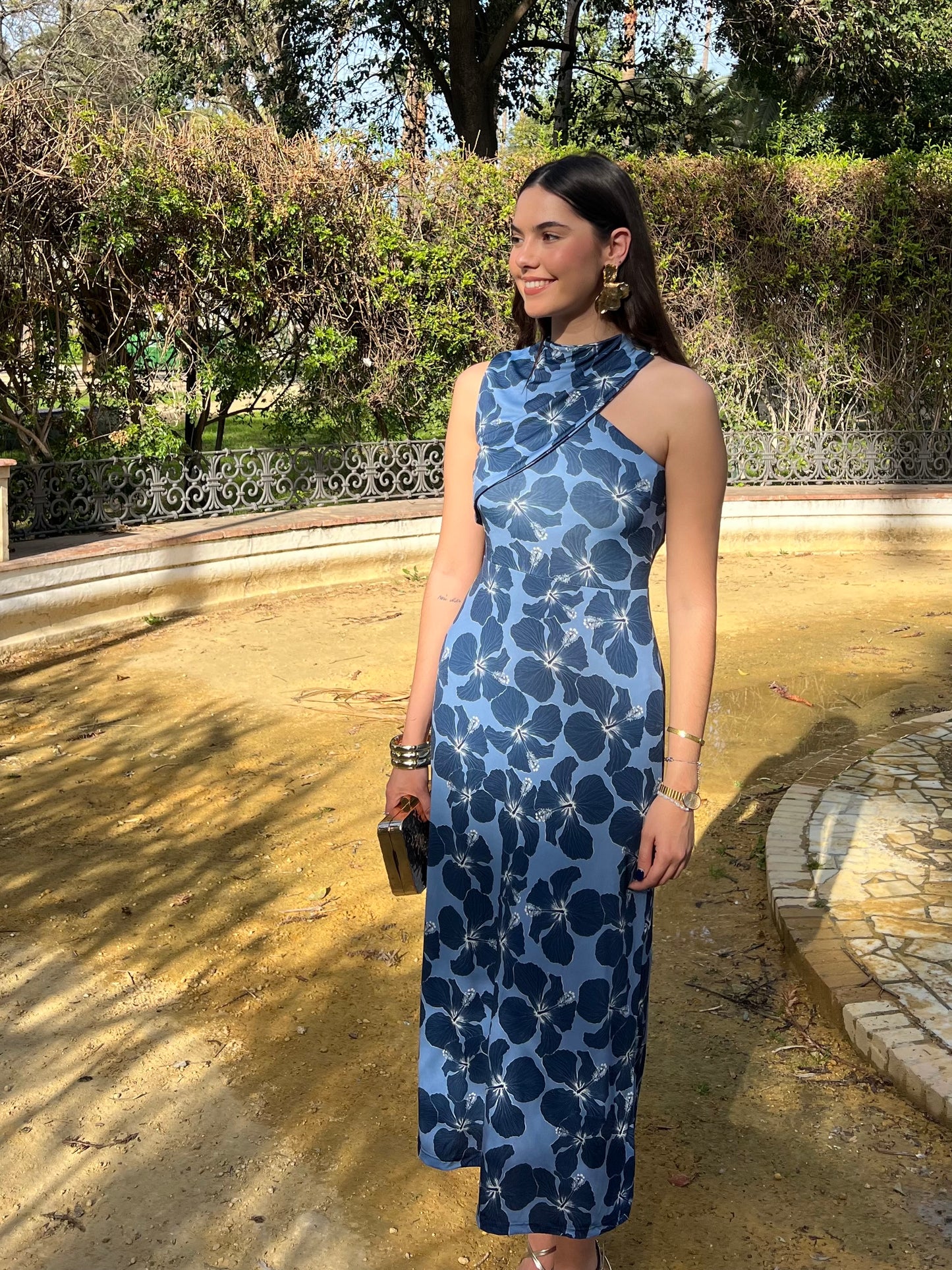 Vestido asimétrico estampado flor azul
