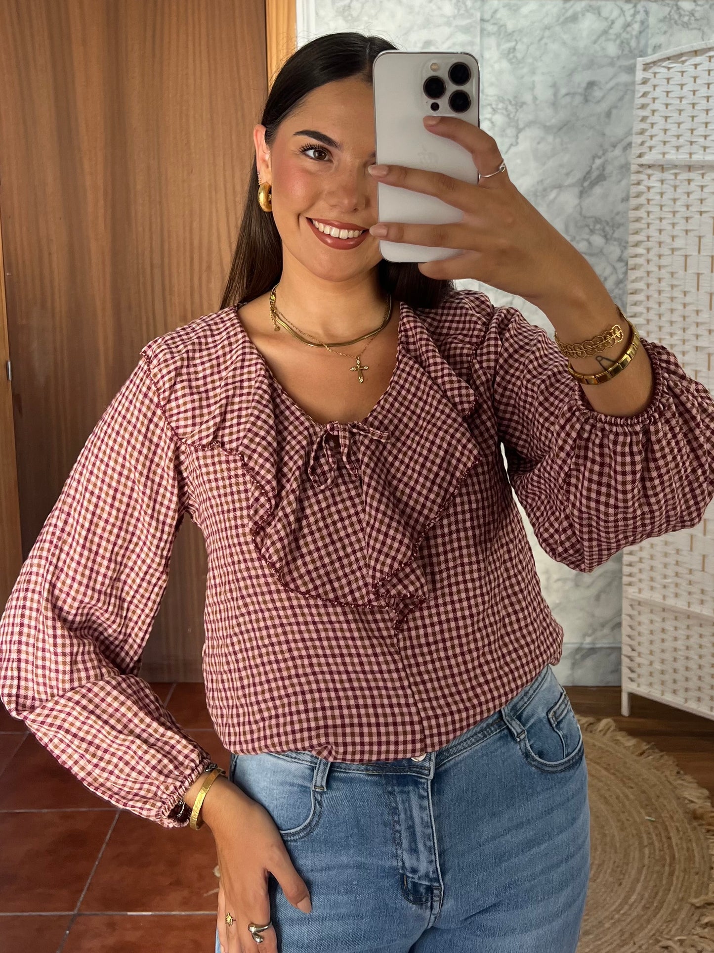 Blusa vichy volante frambuesa