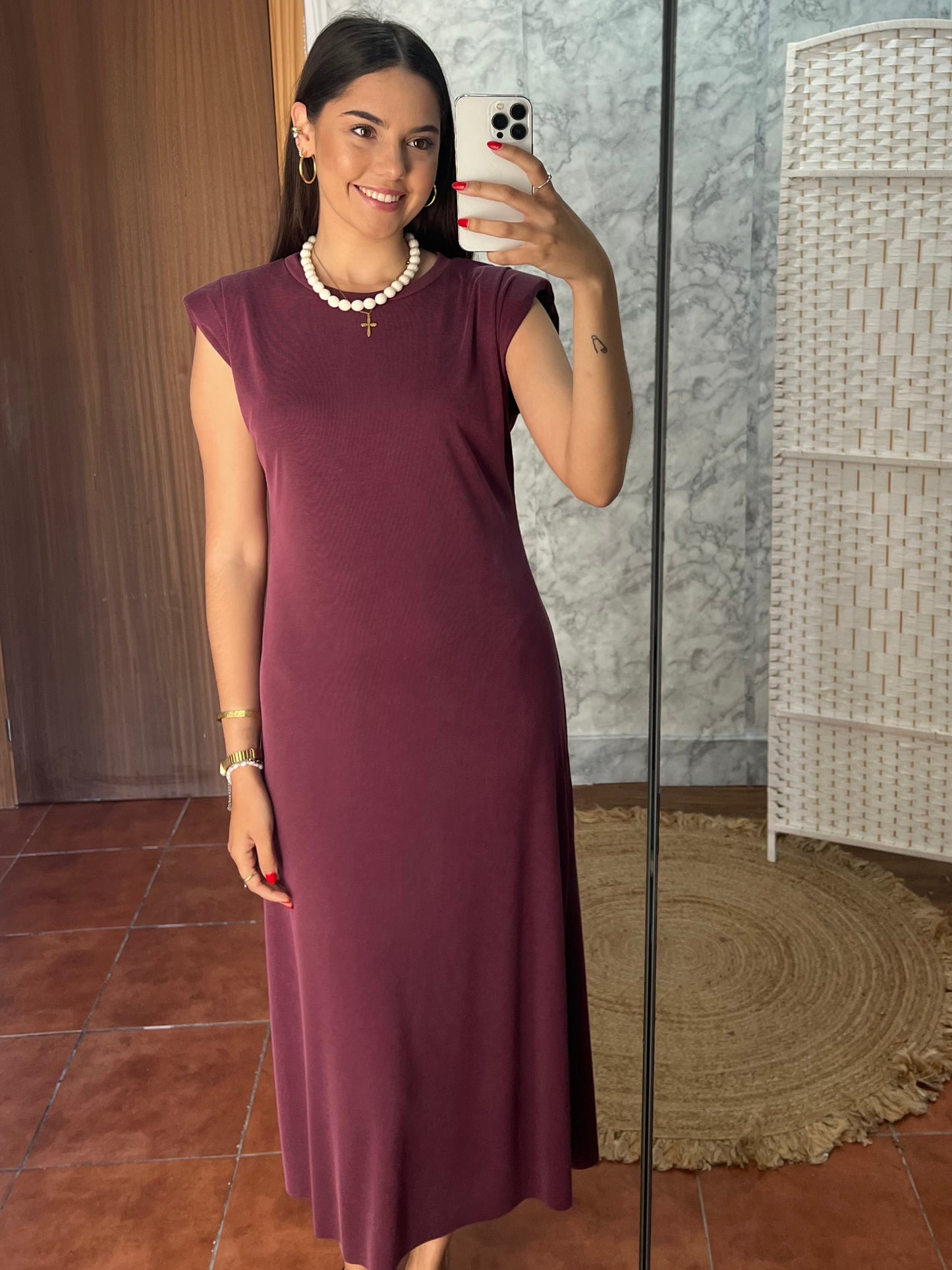 Vestido largo hombreras buganvilla