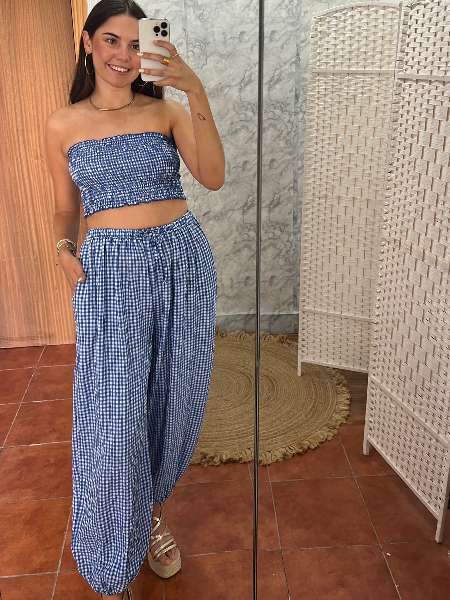 Conjunto top y bombacho vichy azul