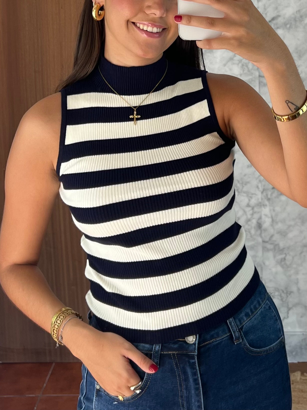 Top cuello perkins rayas marino
