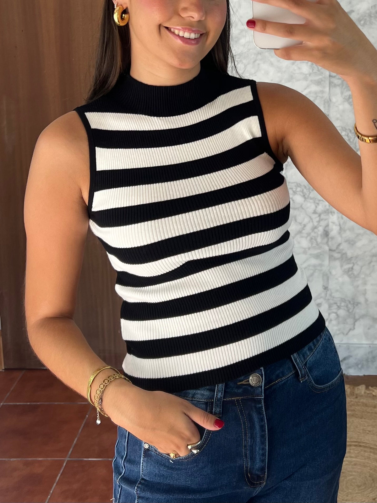 Top cuello perkins rayas negro