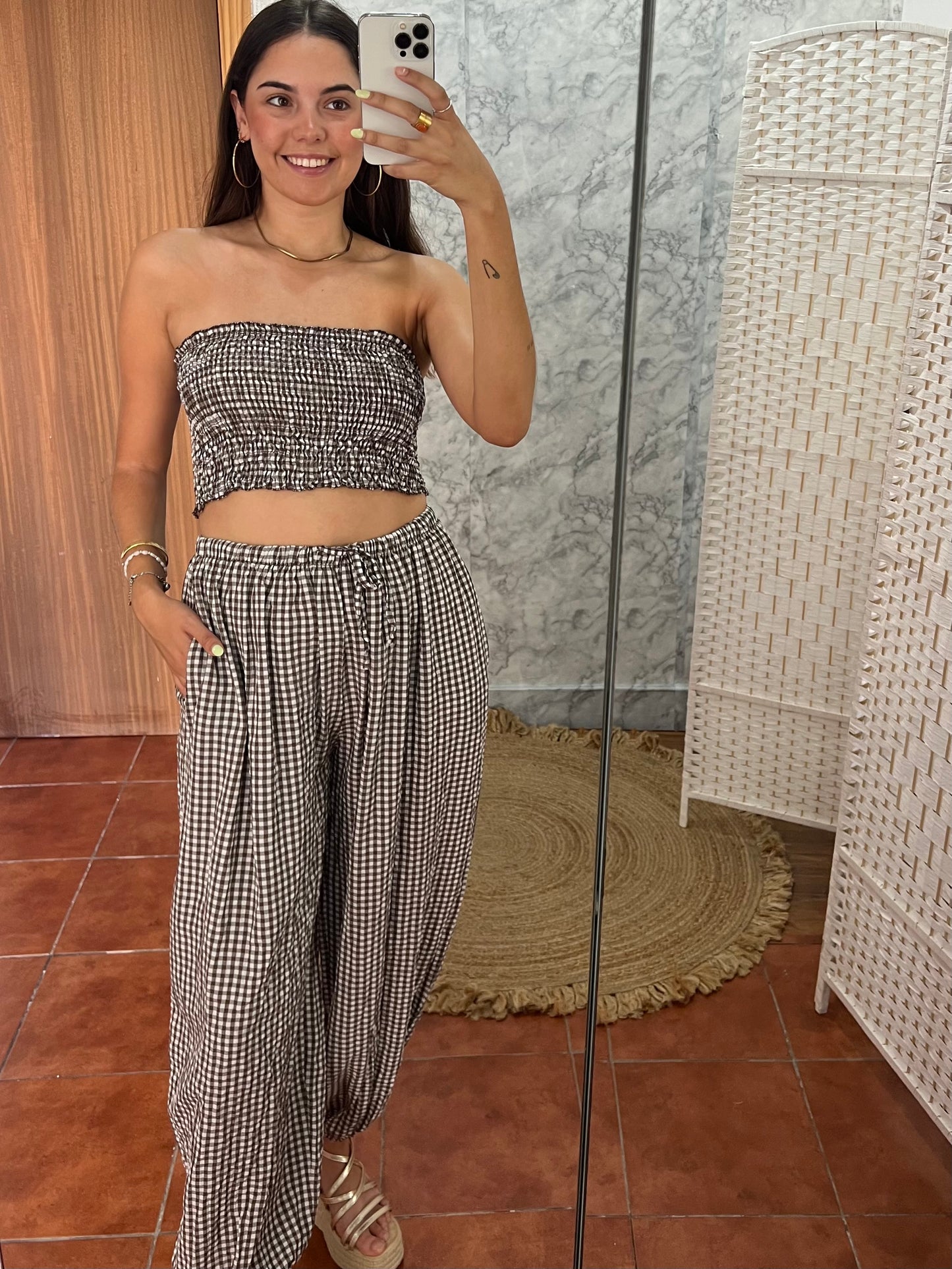 Conjunto top y bombacho vichy chocolate