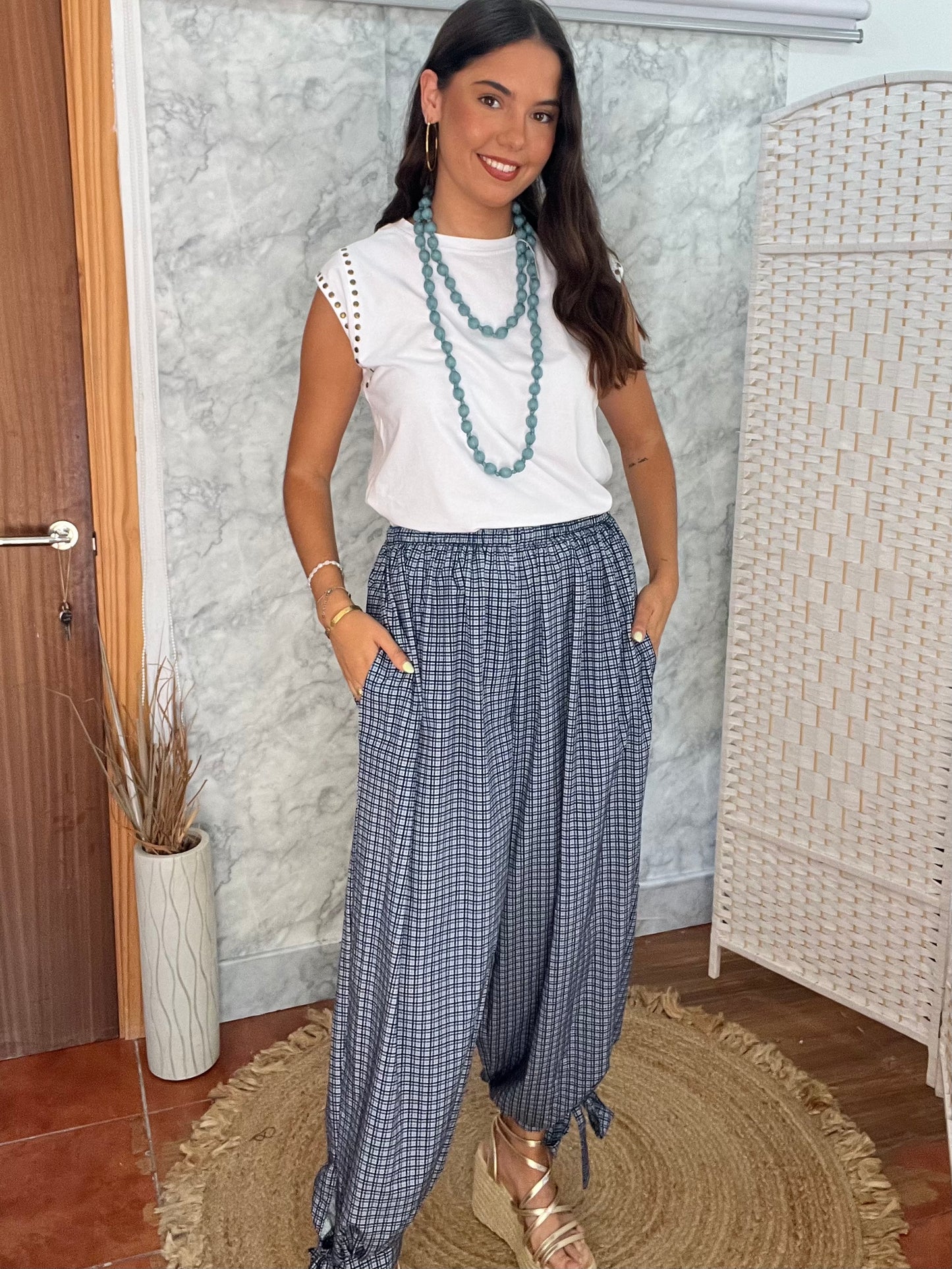 Pantalón bombacho lazadas cuadro
