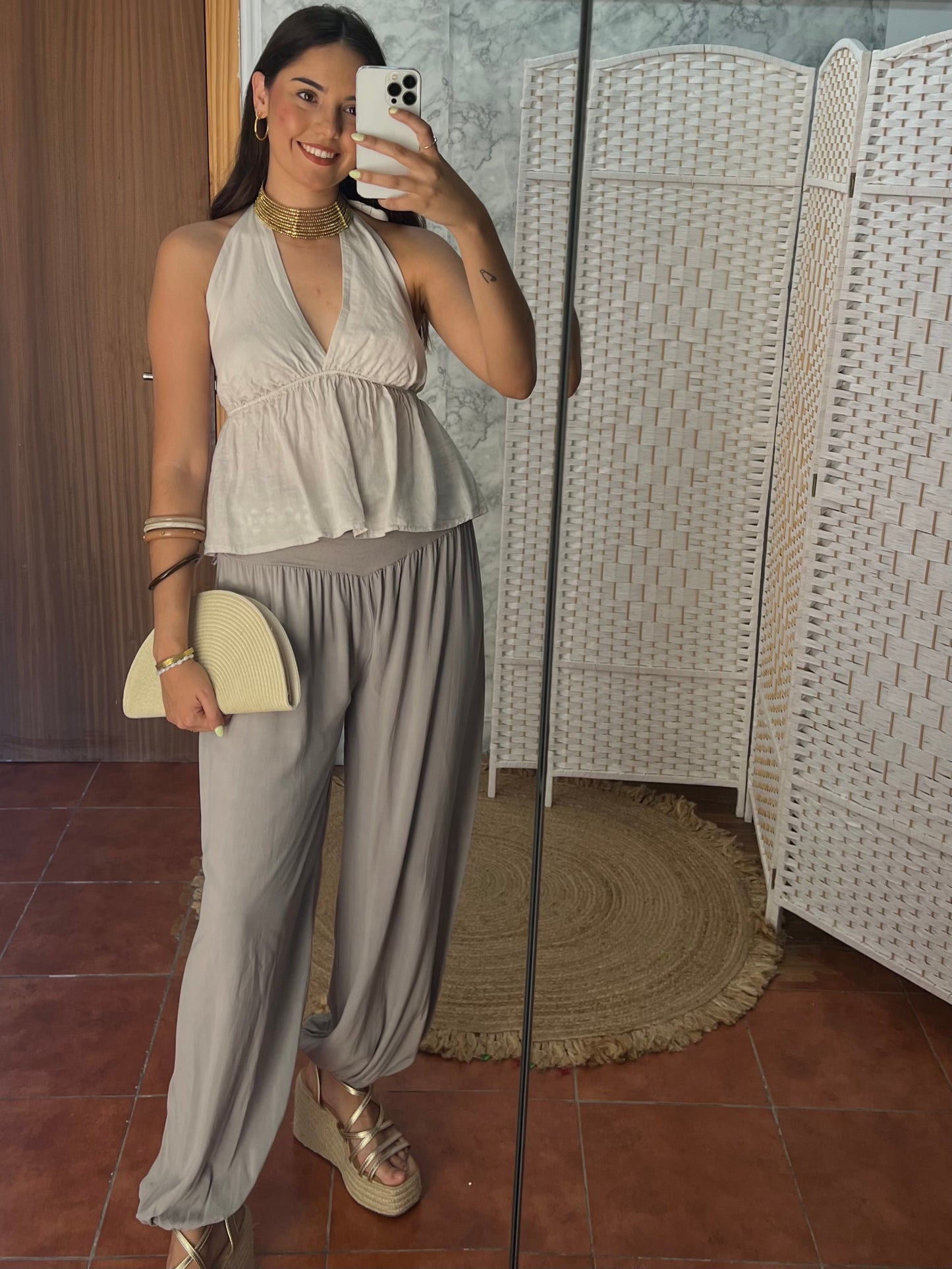 Pantalón bombacho fluido algodón grisáceo