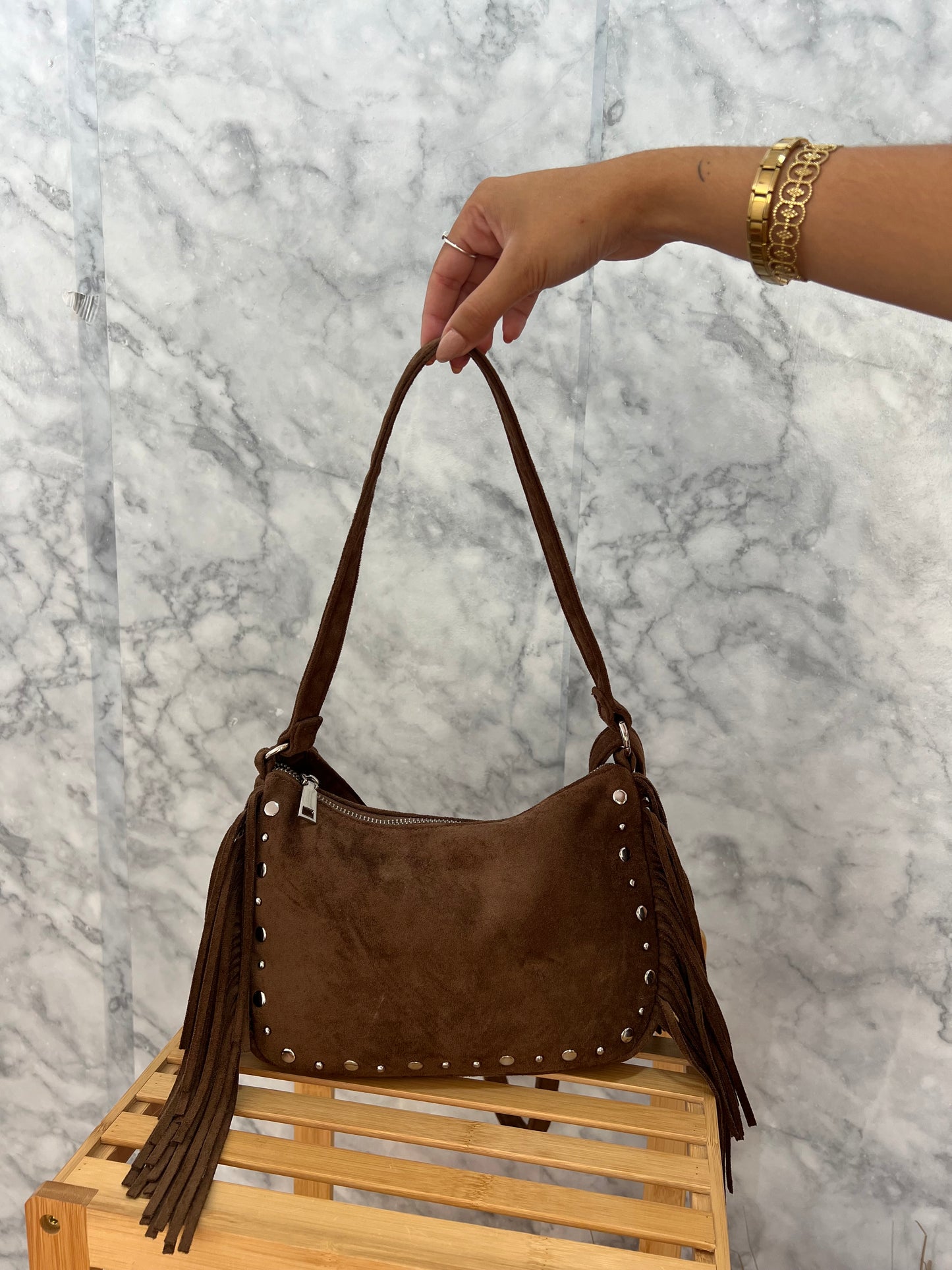 Bolso antelina flecos camel