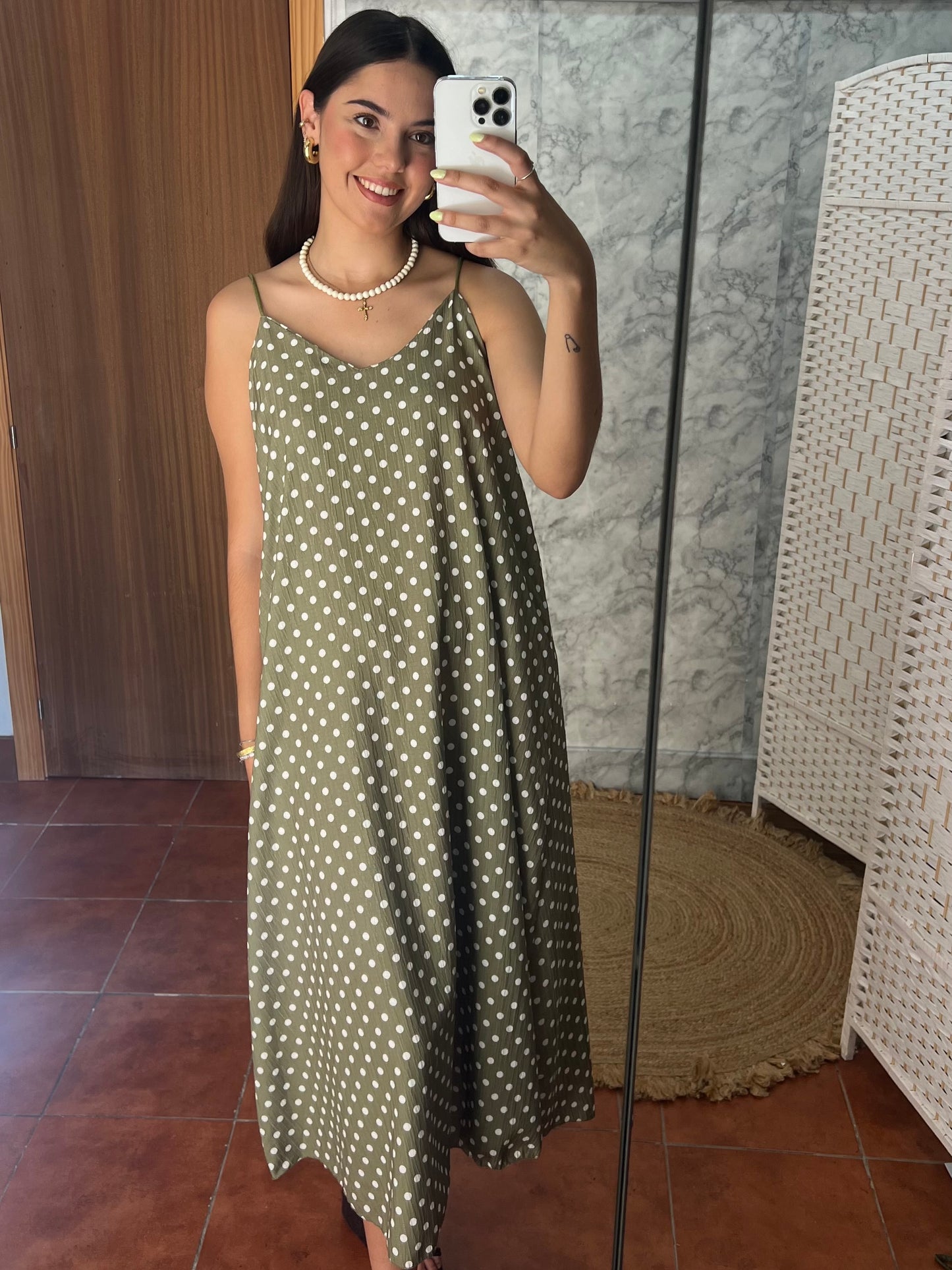 Vestido largo lunares verde oliva
