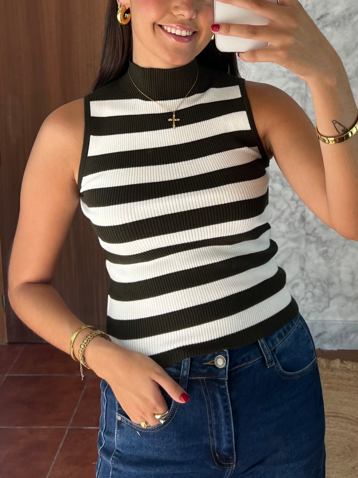 Top cuello perkins rayas verde oliva