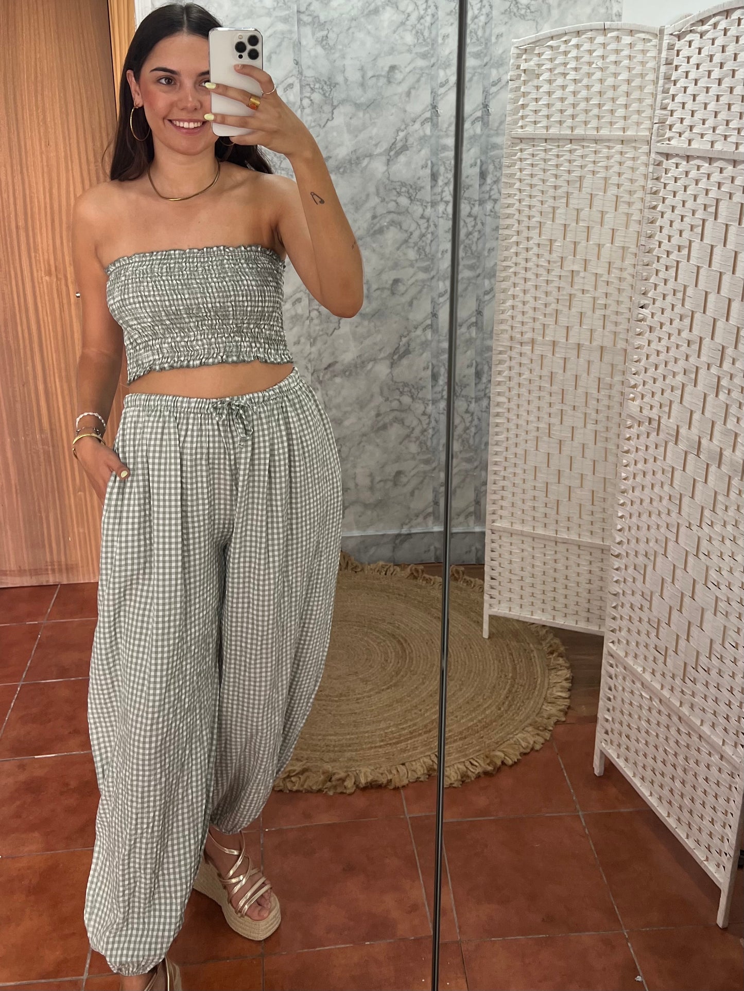 Conjunto top y bombacho vichy verde