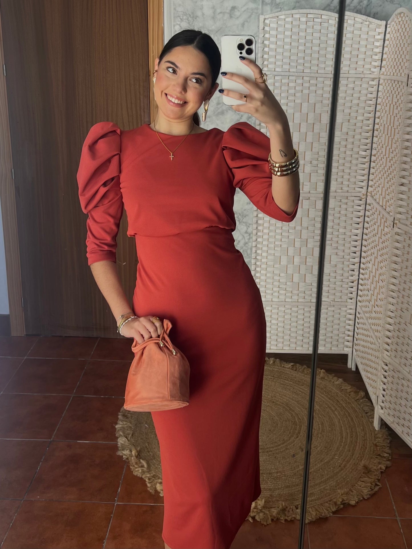 Vestido manga abullonada salmón