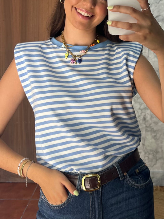 Camiseta hombrera rayas blanca-celeste