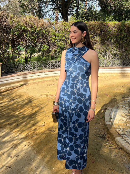 Vestido asimétrico estampado flor azul