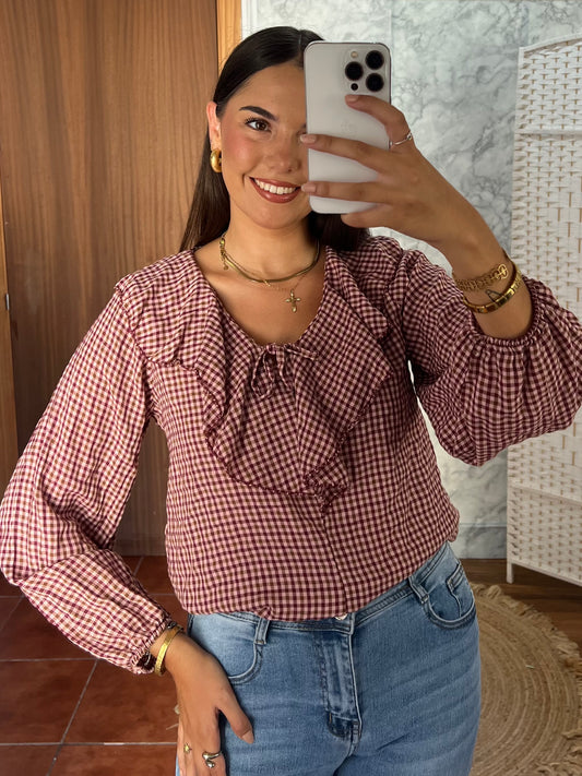 Blusa vichy volante frambuesa