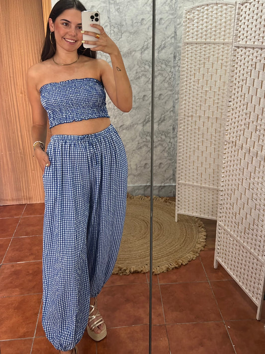 Conjunto top y bombacho vichy azul