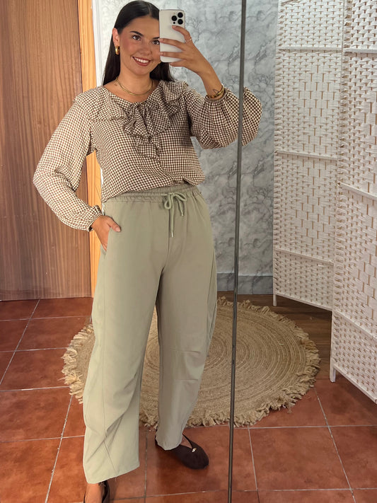 Pantalón ballon tejido tipo denim cordón verde