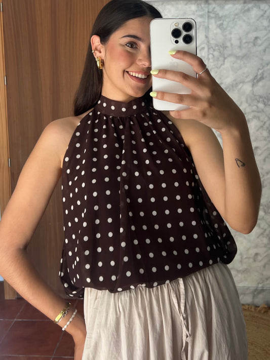 Blusa halter de gasa lunares marrón chocolate