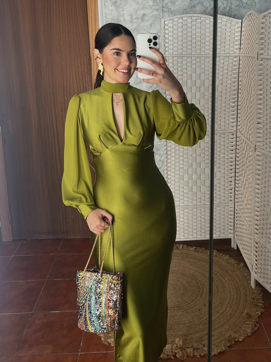 Vestido satén cut out pistacho