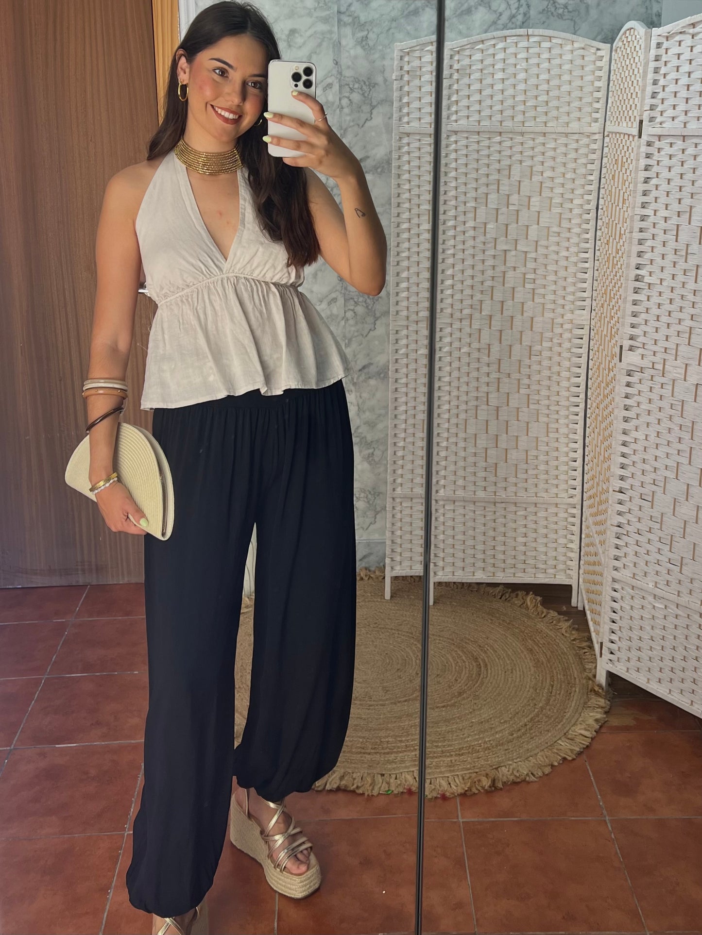 Pantalón bombacho fluido algodón negro