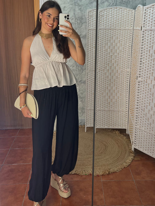 Pantalón bombacho fluido algodón negro