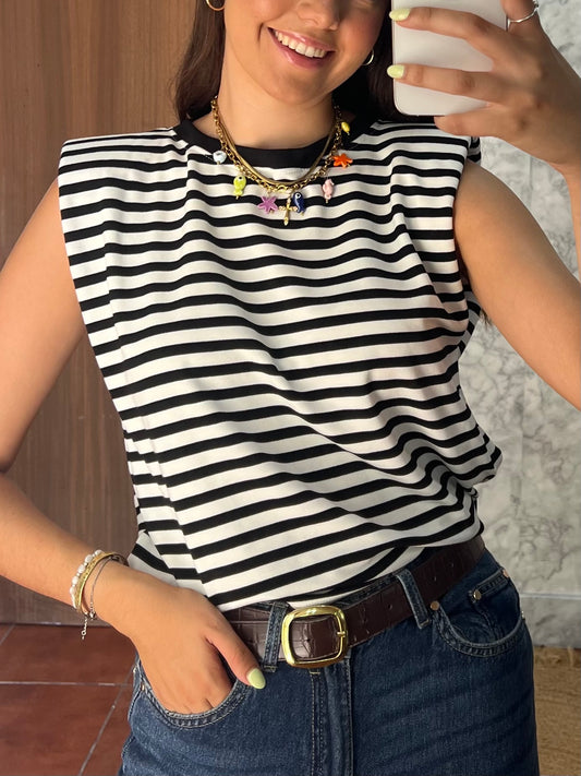 Camiseta hombrera rayas blanco-negro