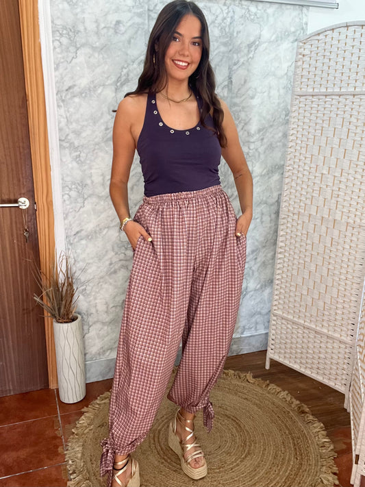 Pantalón bombacho lazadas cuadro