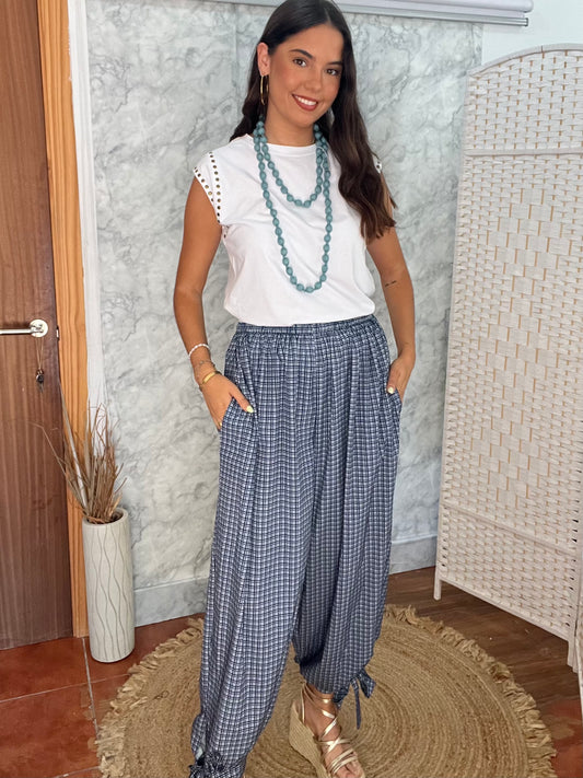 Pantalón bombacho lazadas cuadro