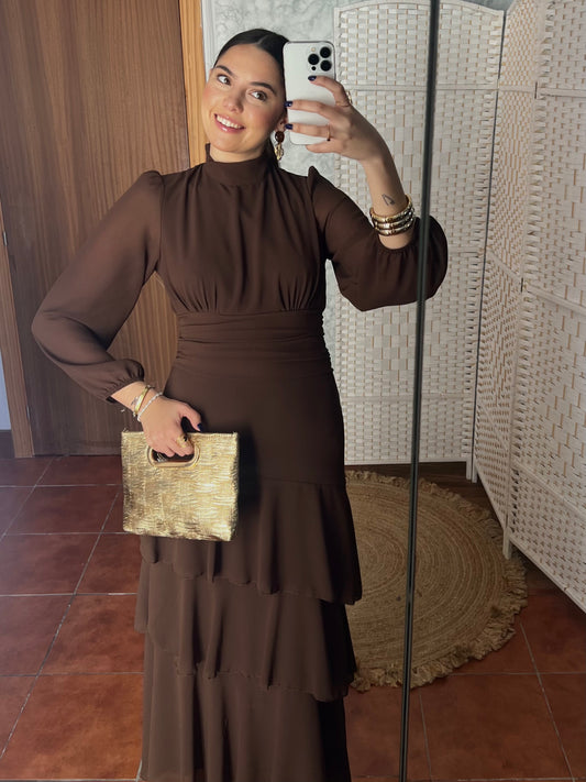 Vestido volantes gasa marrón