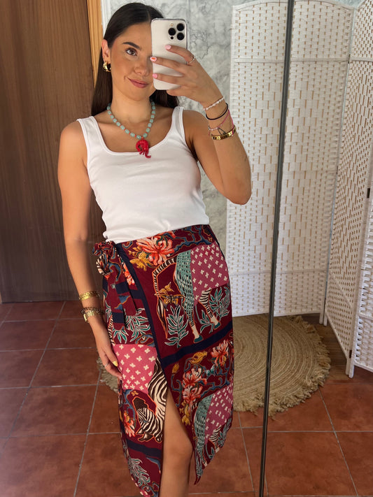 Falda pareo midi estampado étnico