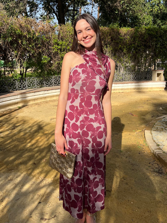 Vestido asimétrico estampado flor rosa