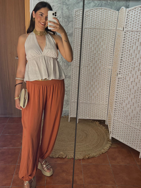 Pantalón bombacho fluido algodón teja