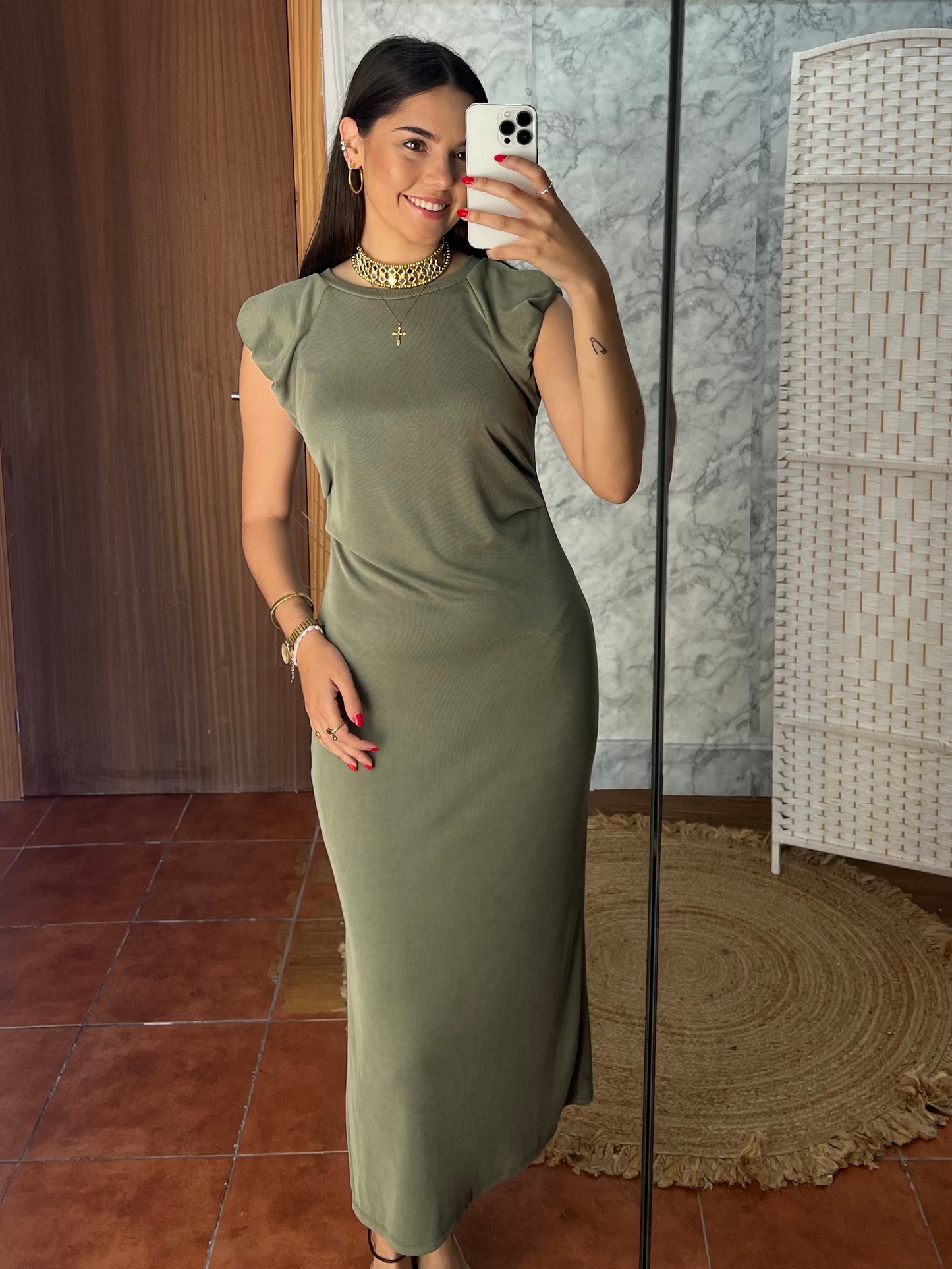 Vestido largo frunces verde