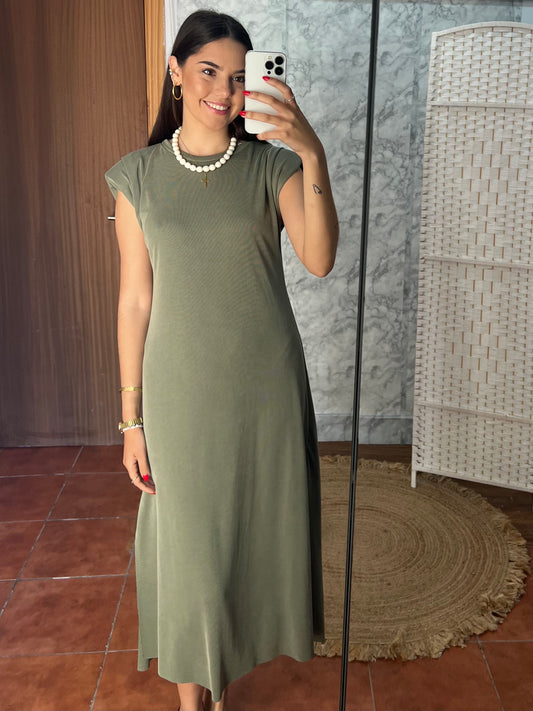 Vestido largo hombreras verde