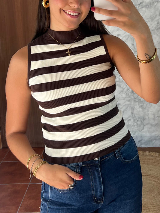 Top cuello perkins rayas chocolate