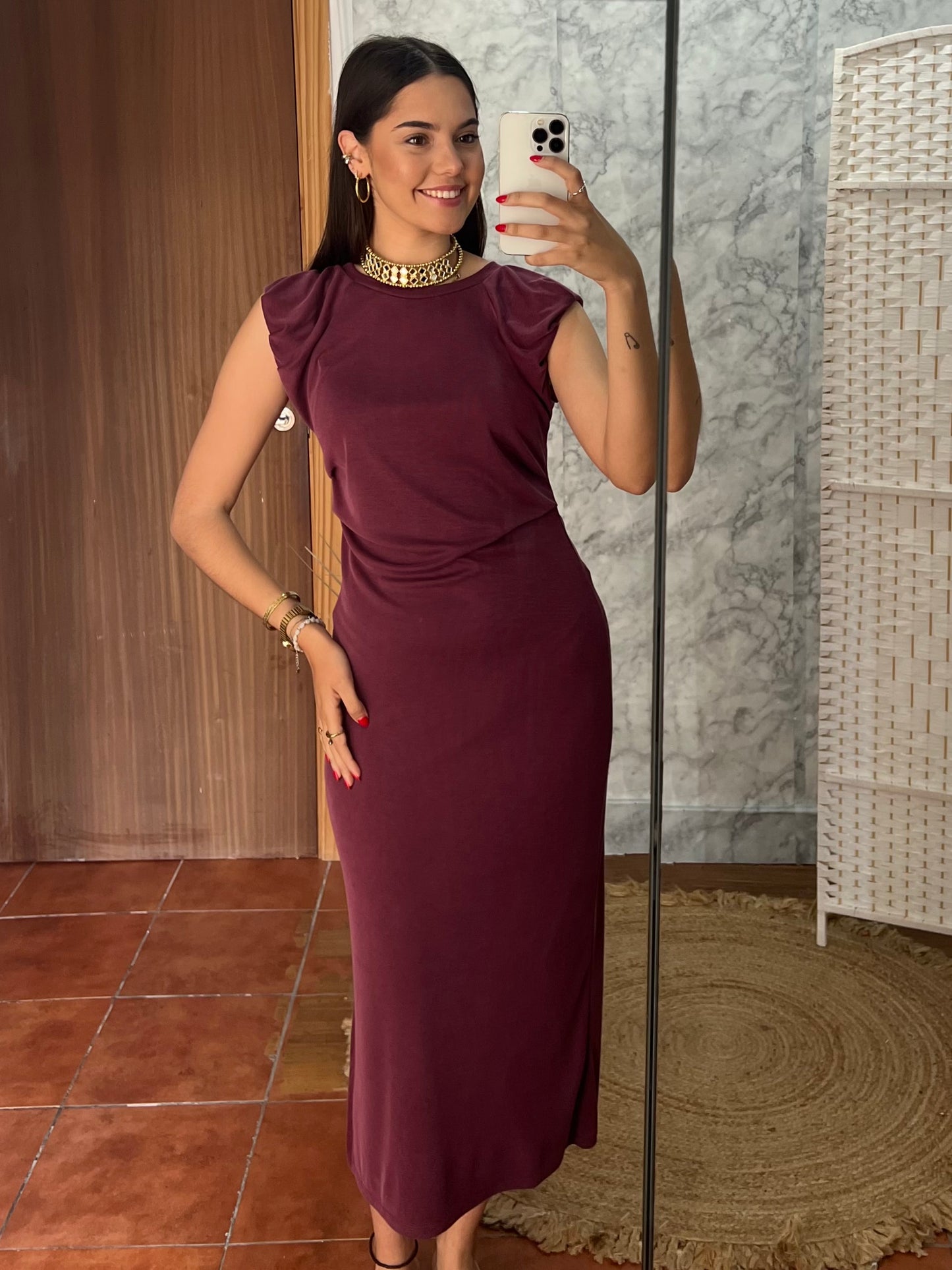 Vestido largo frunces buganvilla