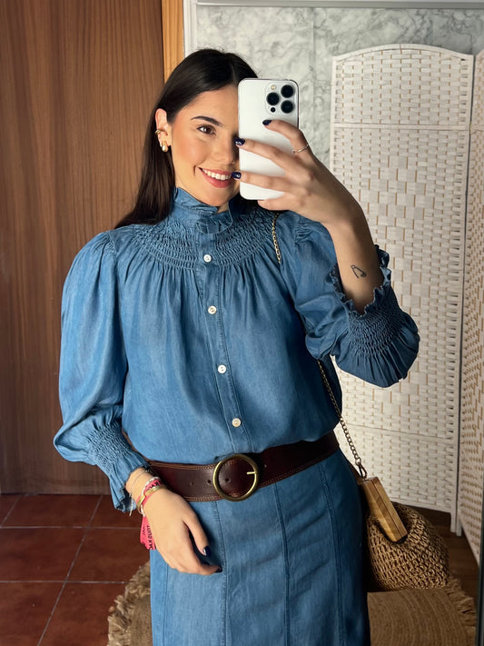 Blusa denim frunce
