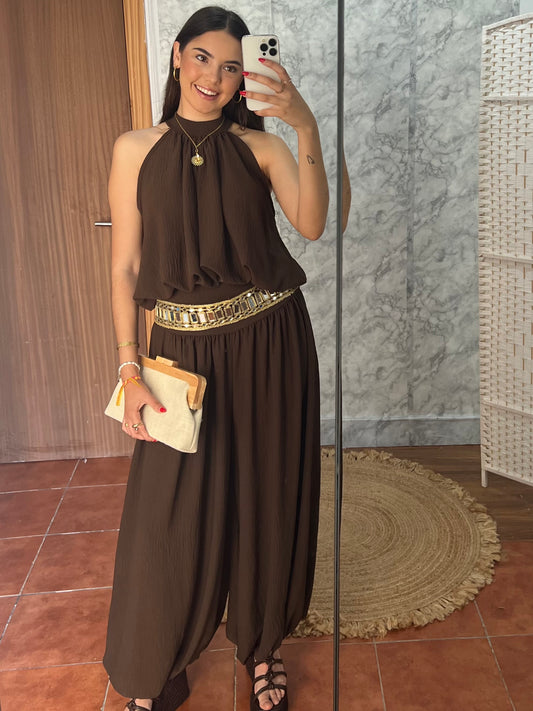 Set 2 piezas blusa y pantalón bombacho marrón