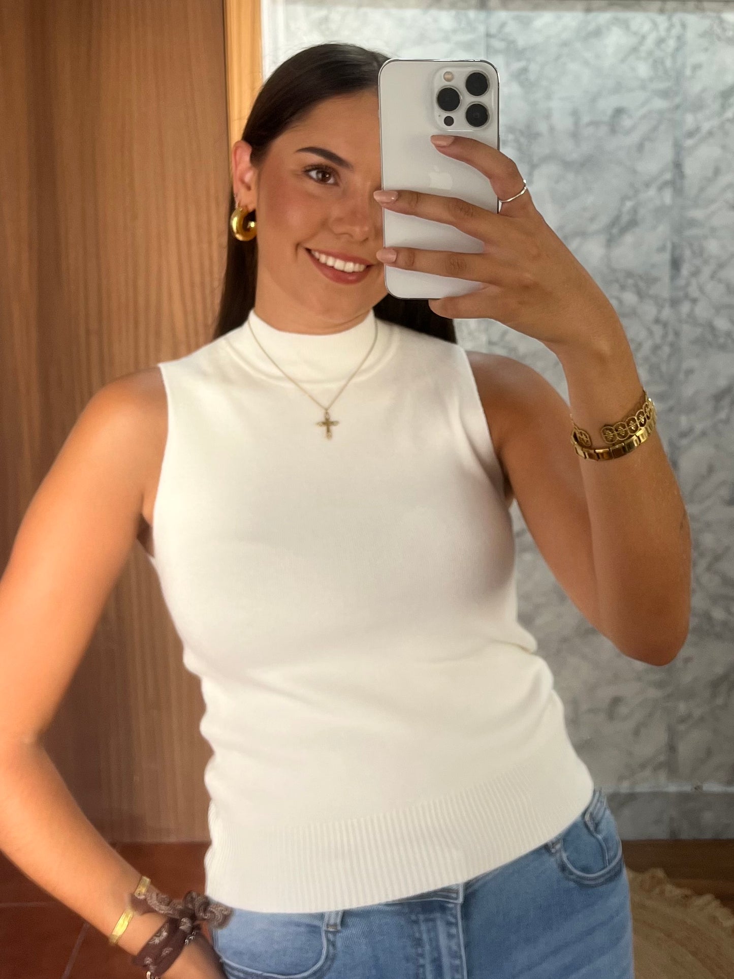 Top punto cuello perkins blanco