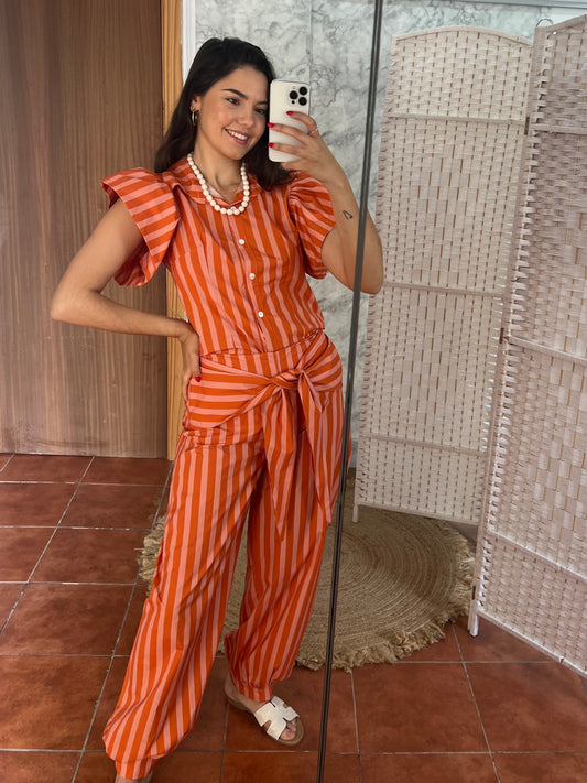Pantalón lazada rayas combinado