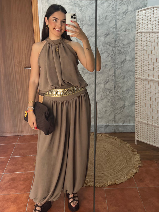 Set 2 piezas blusa y pantalón bombacho taupe