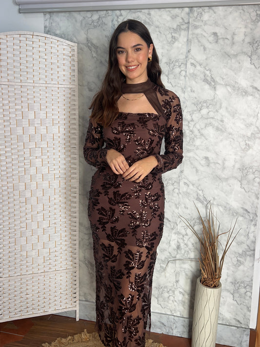 Vestido largo lentejuelas marrón con mangas