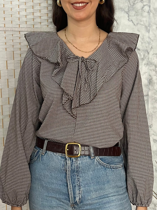 Blusa volante vichy marrón chocolate