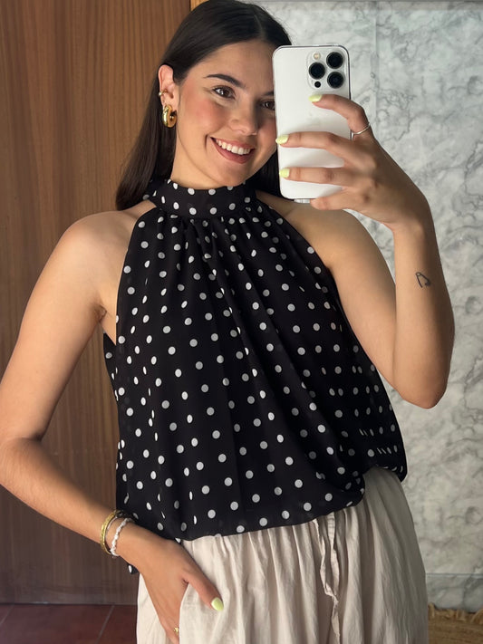 Blusa halter de gasa lunares negra