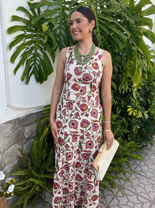Conjunto top y falda estructura estampado floral
