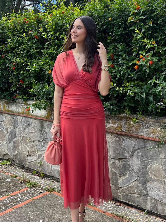 Vestido gasa escote coral