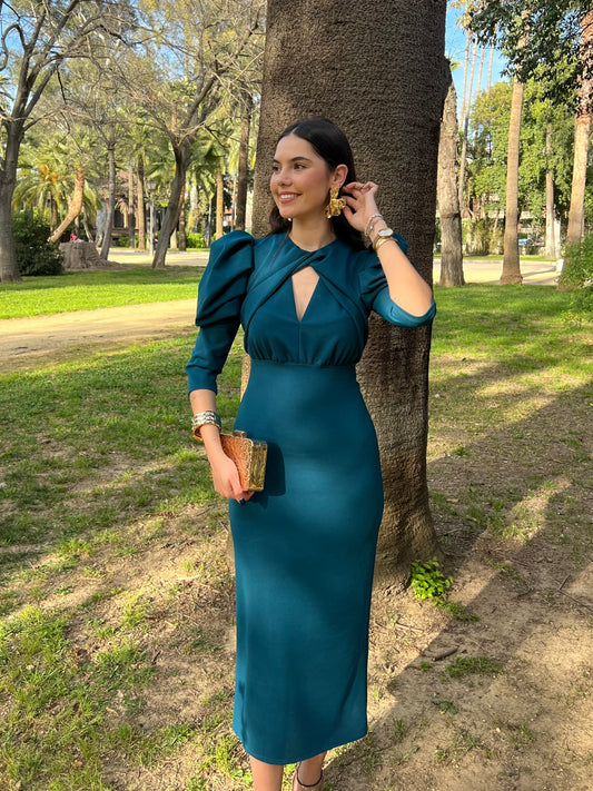 Vestido manga abullonada azulón