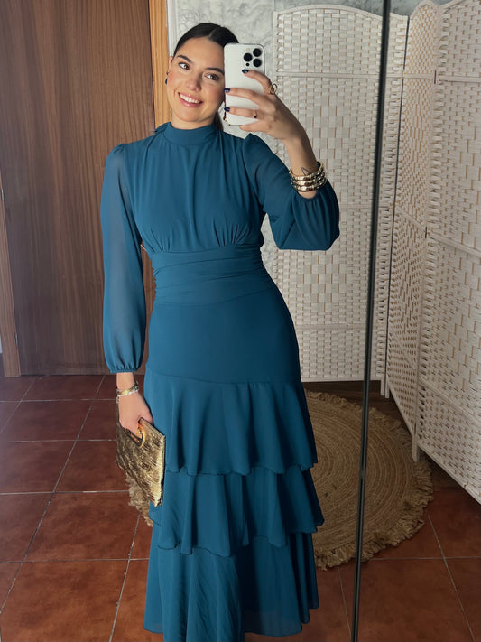 Vestido volantes gasa azulón
