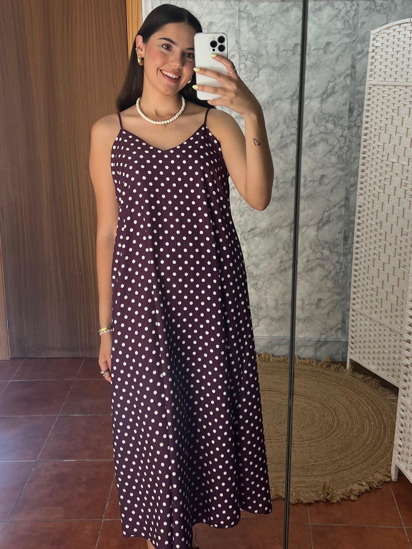 Vestido largo lunares berenjena