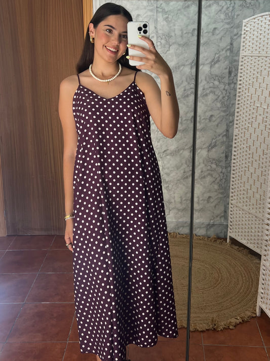 Vestido largo lunares berenjena