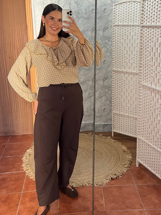 Pantalón ballon tejido tipo denim cordón chocolate